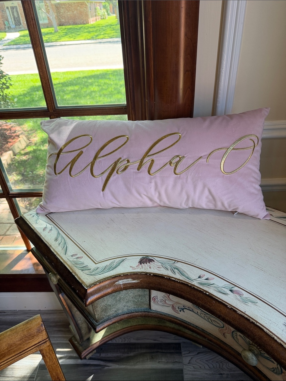 Alpha O (Alpha Omicron Pi) Embroidered Lumbar Pillow - Pink with Gold Script